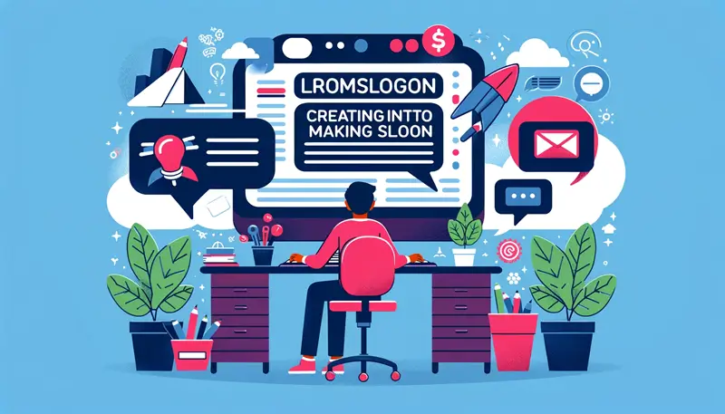 "Person am Computer verwendet ChatGPT Prompts zur Kreativitätssteigerung bei der Entwicklung von Marketing-Slogans, umgeben von Gedankenblasen mit kreativen Ideen.